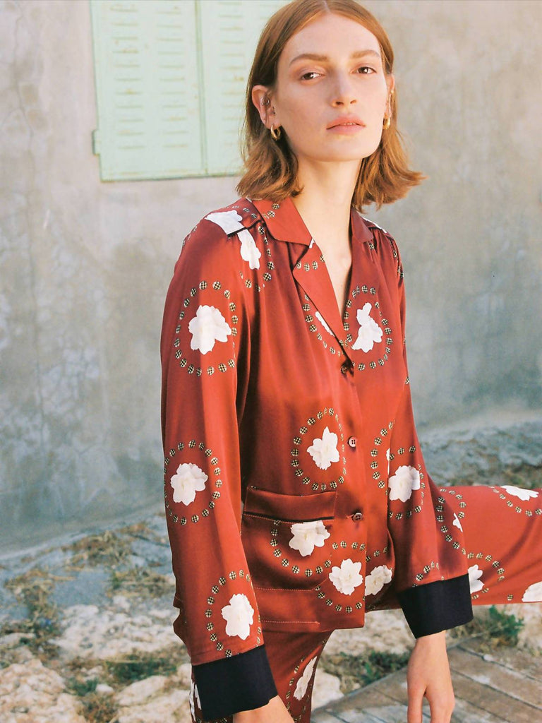 Ronna Nice Iman Silk Shirt - Red Blanch print - Moxie Tel-Aviv